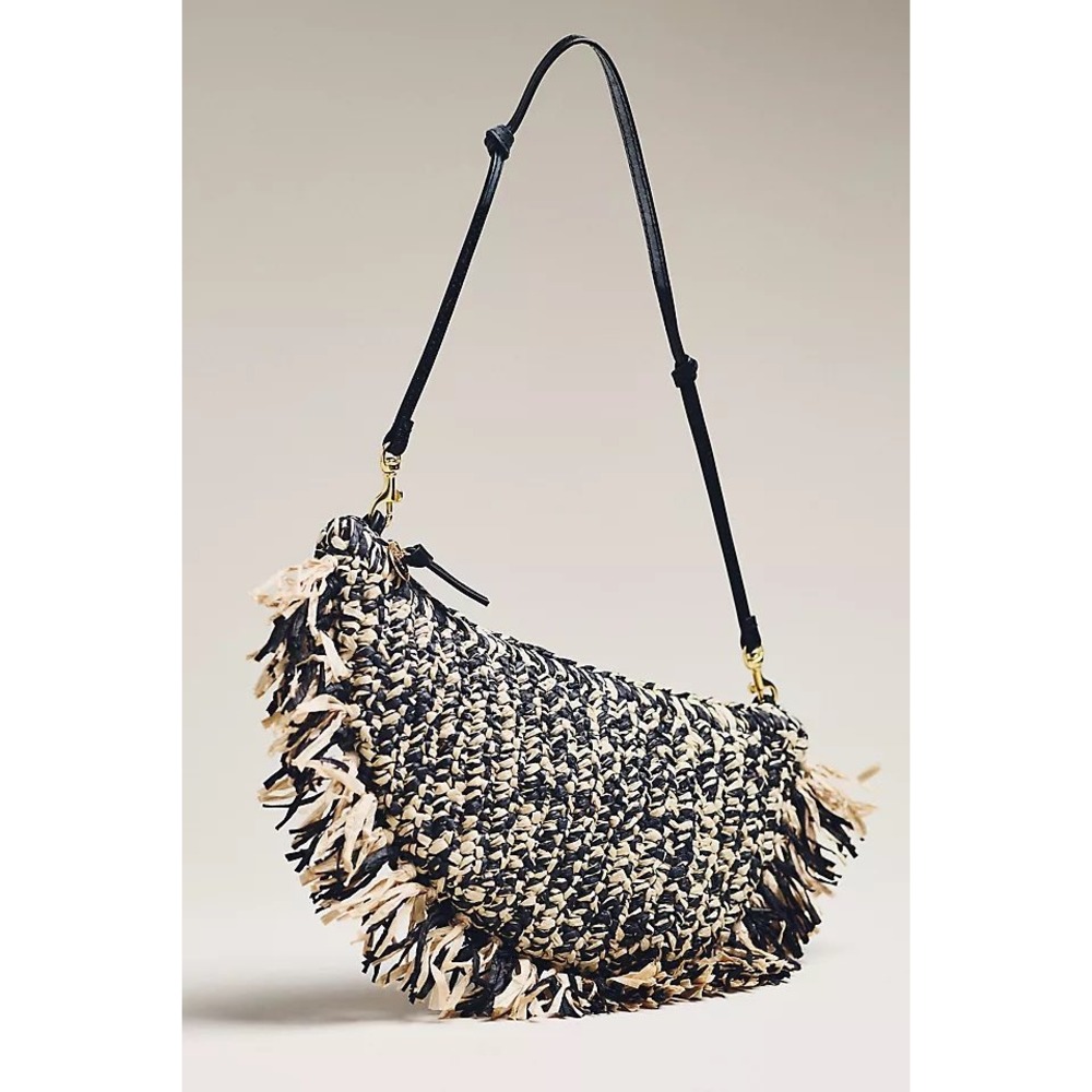 Clare V. Lune Black Cream Raffia Fringe Crescent Shoulder Bag - Picture 2 of 8
